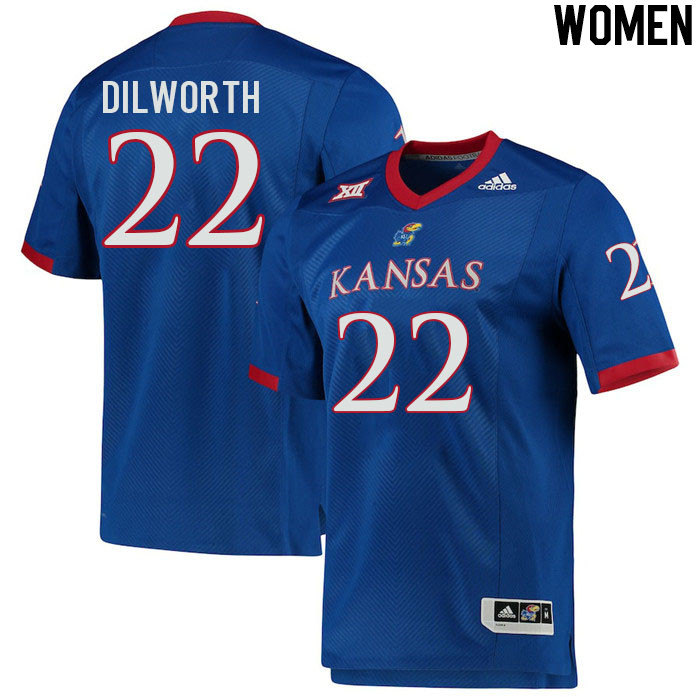 Women #22 Brian Dilworth Kansas Jayhawks College Football Jerseys Stitched Sale-Royal - Click Image to Close